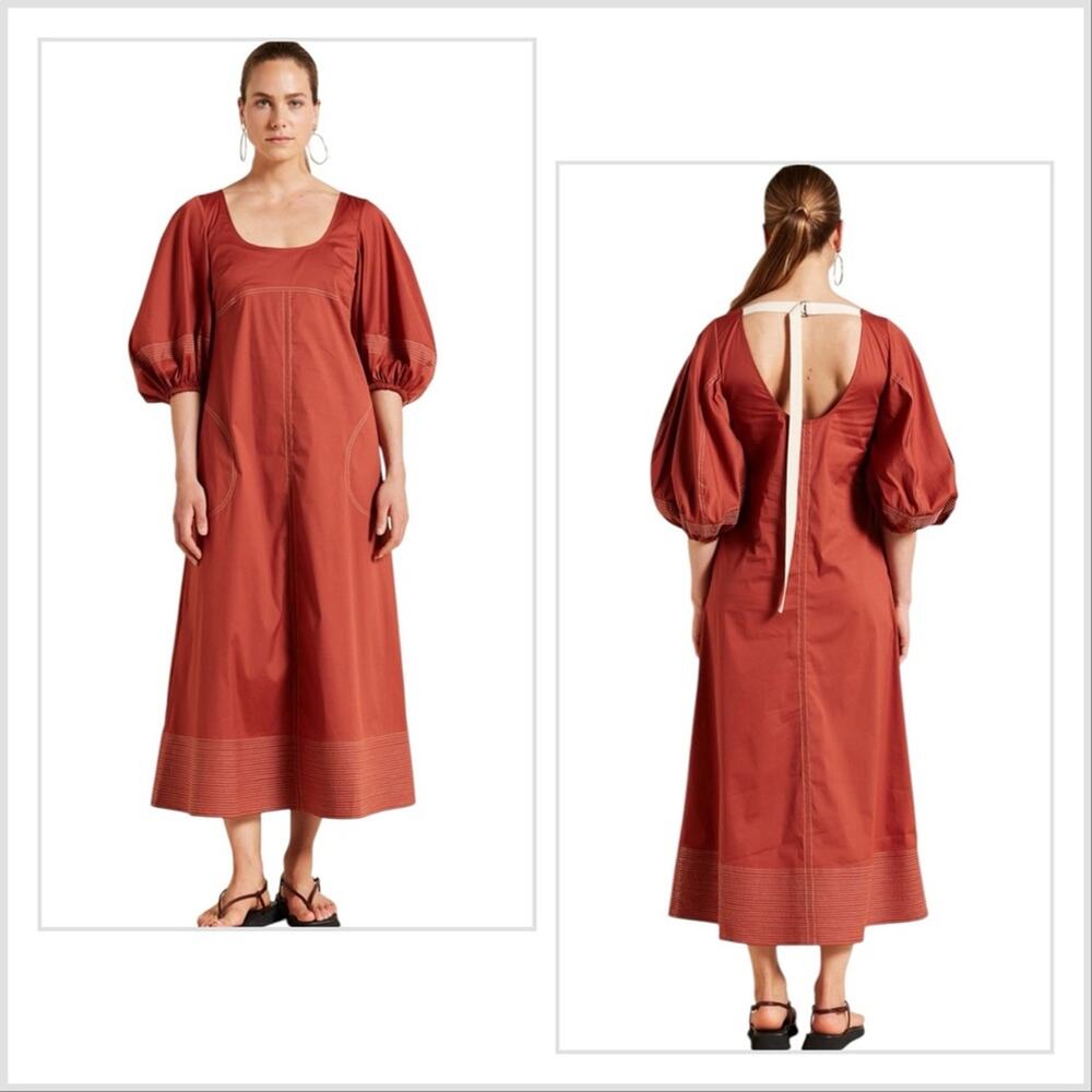 Lee Mathews Sara Puff Short Sleeve Dress Rust Brown Midi Pockets Cut Out Sz 3 L